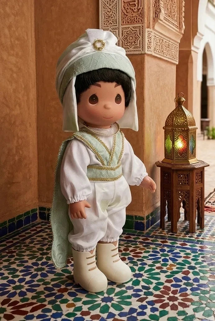 The Doll Maker Prince Ali 12-inch vinyl doll wearing a white and mint green turban and outfit in a palace setting.