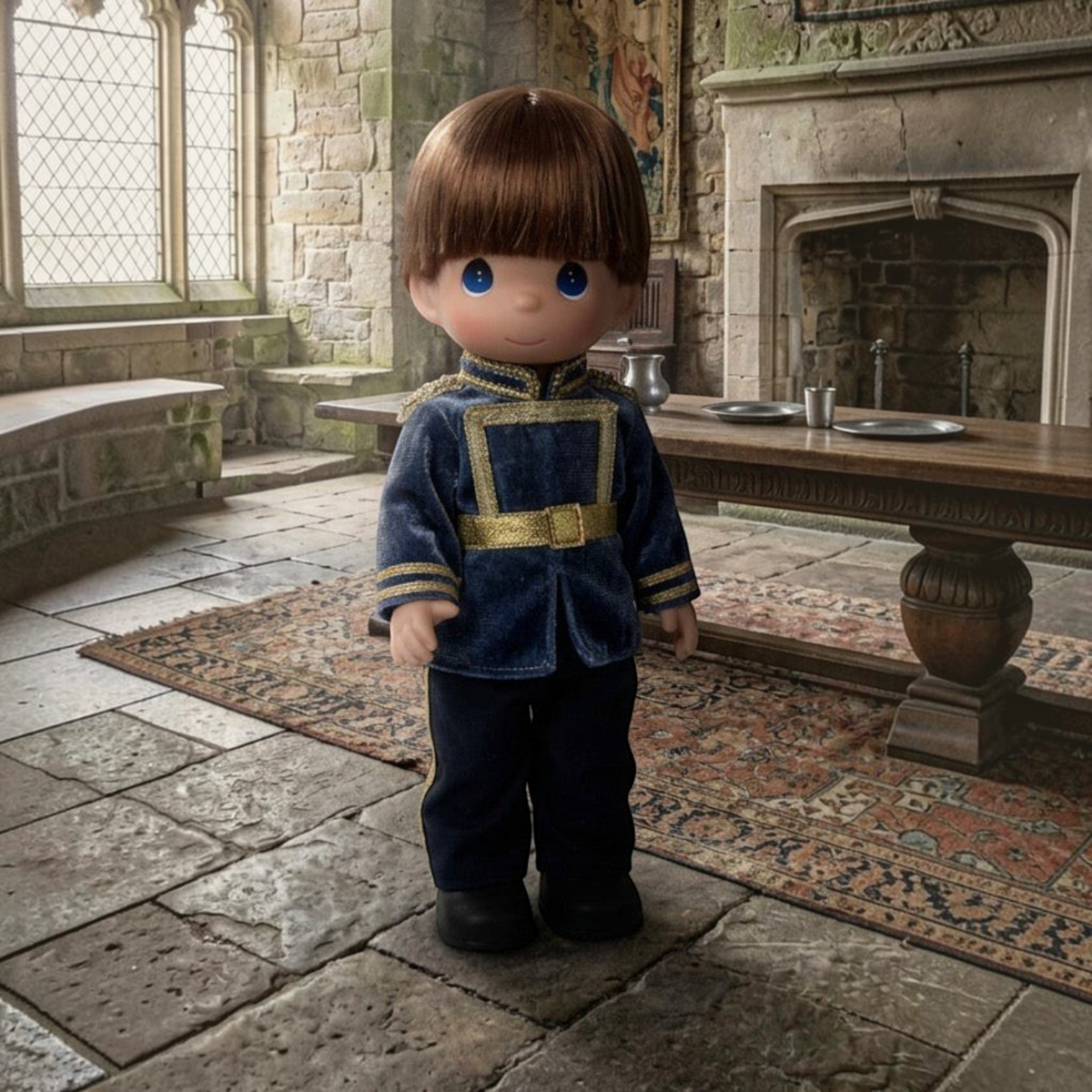The Doll Maker 12-inch Prince Charming doll in blue and gold anniversary attire standing in a stone castle room.