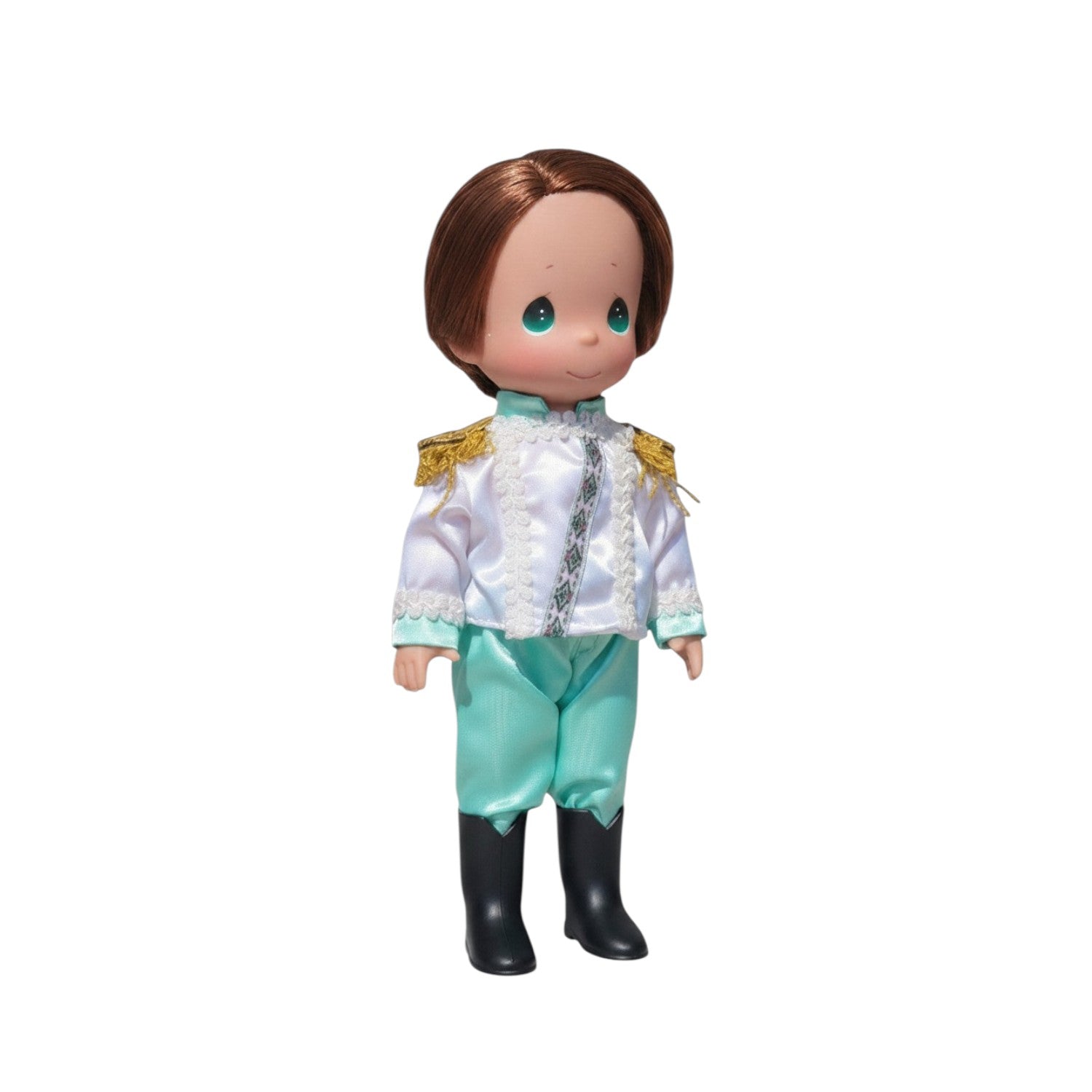 The Doll Maker prince doll with brown hair, wearing a white and mint green royal outfit with gold shoulder epaulets.