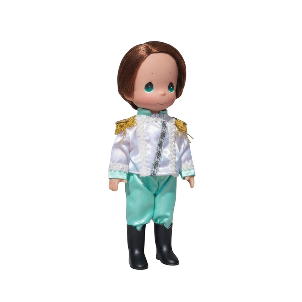 The Doll Maker prince doll with brown hair, wearing a white and mint green royal outfit with gold shoulder epaulets.
