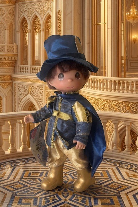 The Doll Maker 12-inch Prince Phillip doll in a blue and gold anniversary outfit with a matching hat and cape.