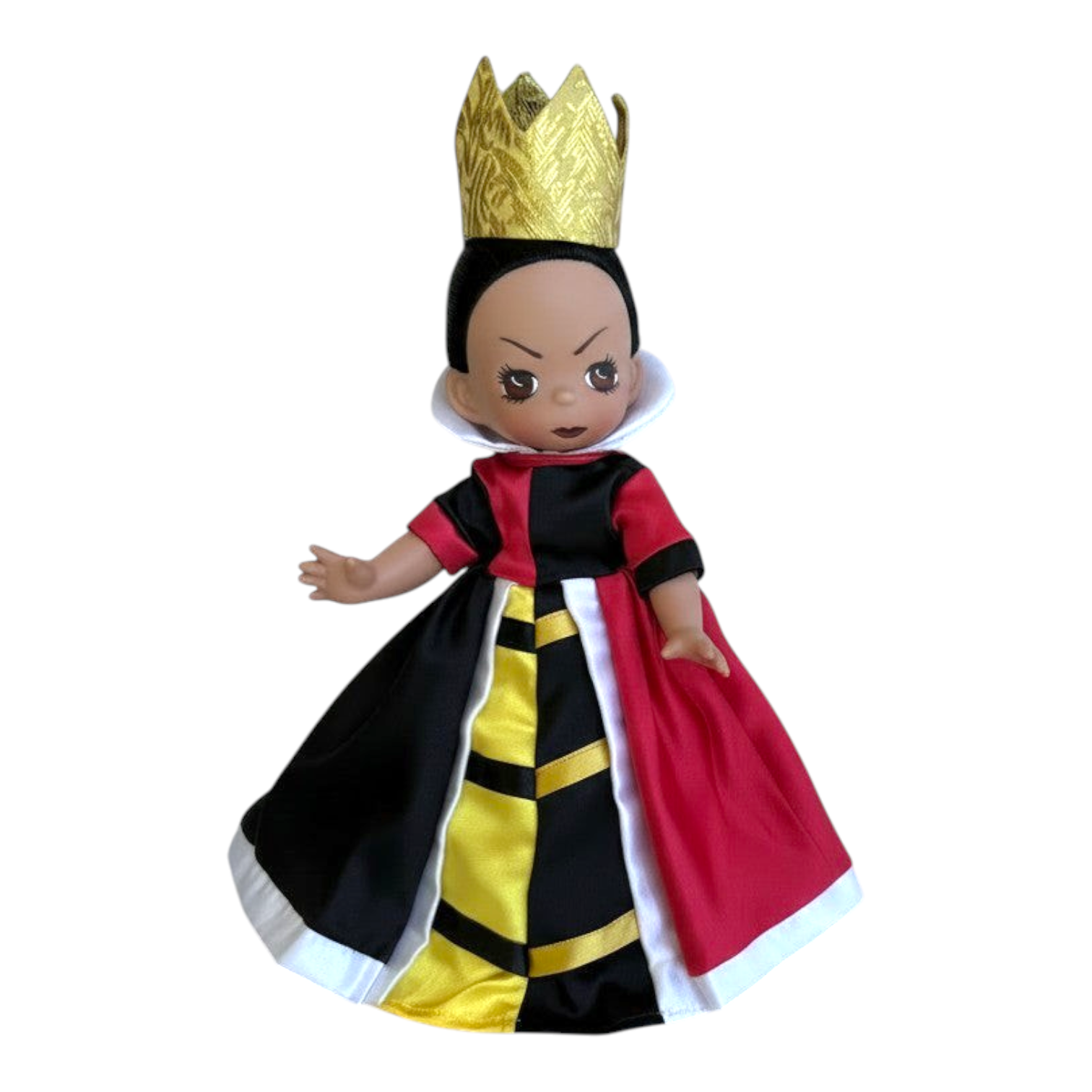 The Doll Maker 12-inch Queen of Hearts collectible doll in a vibrant crimson, black, and yellow gown with gold crown.