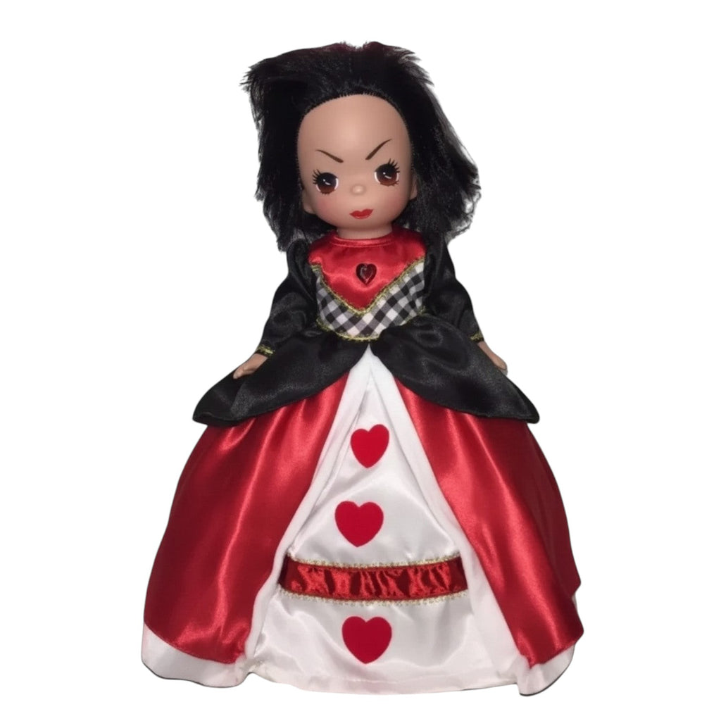 The Doll Maker 12-inch Queen of Hearts doll with messy black hair, angry expression, and red, white, and black gown.