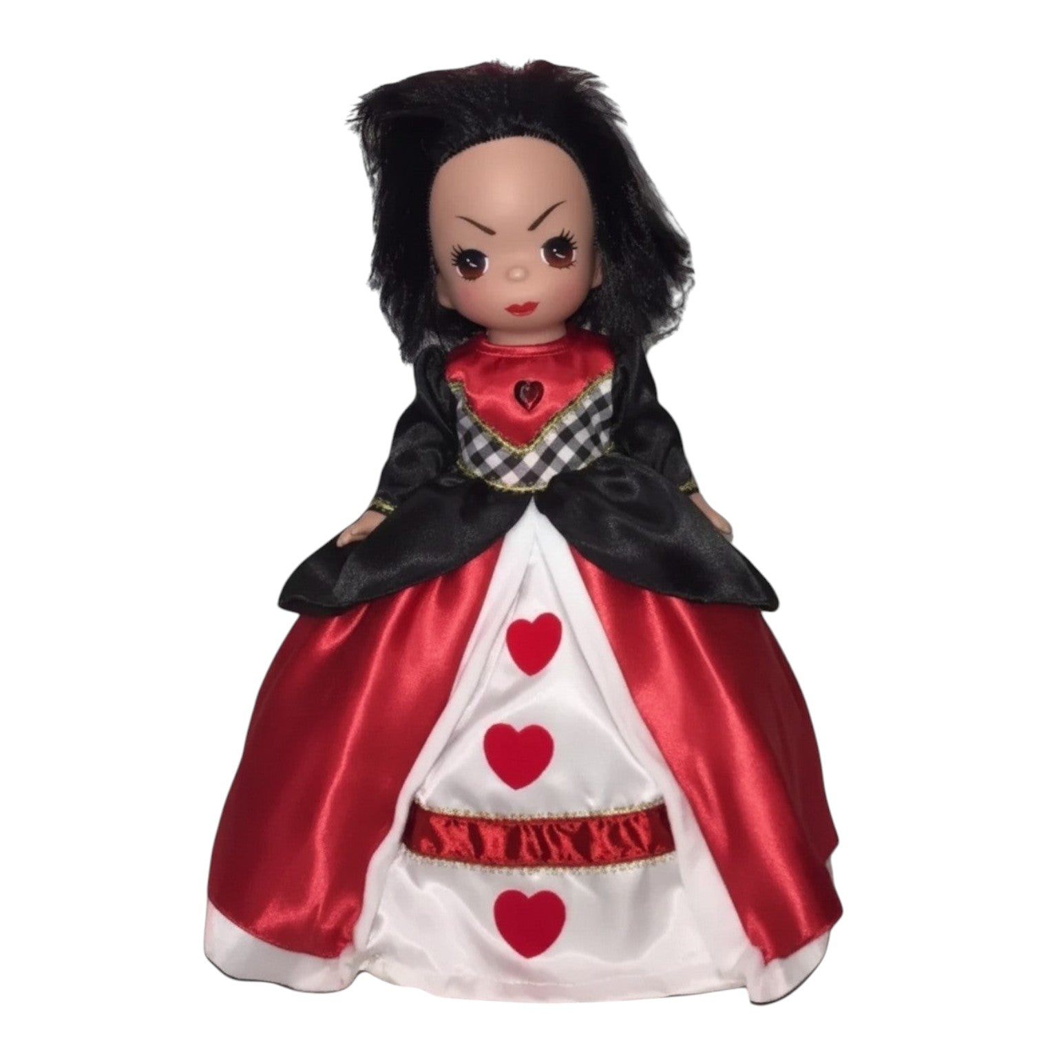 The Doll Maker 12-inch Queen of Hearts doll with messy black hair, angry expression, and red, white, and black gown.