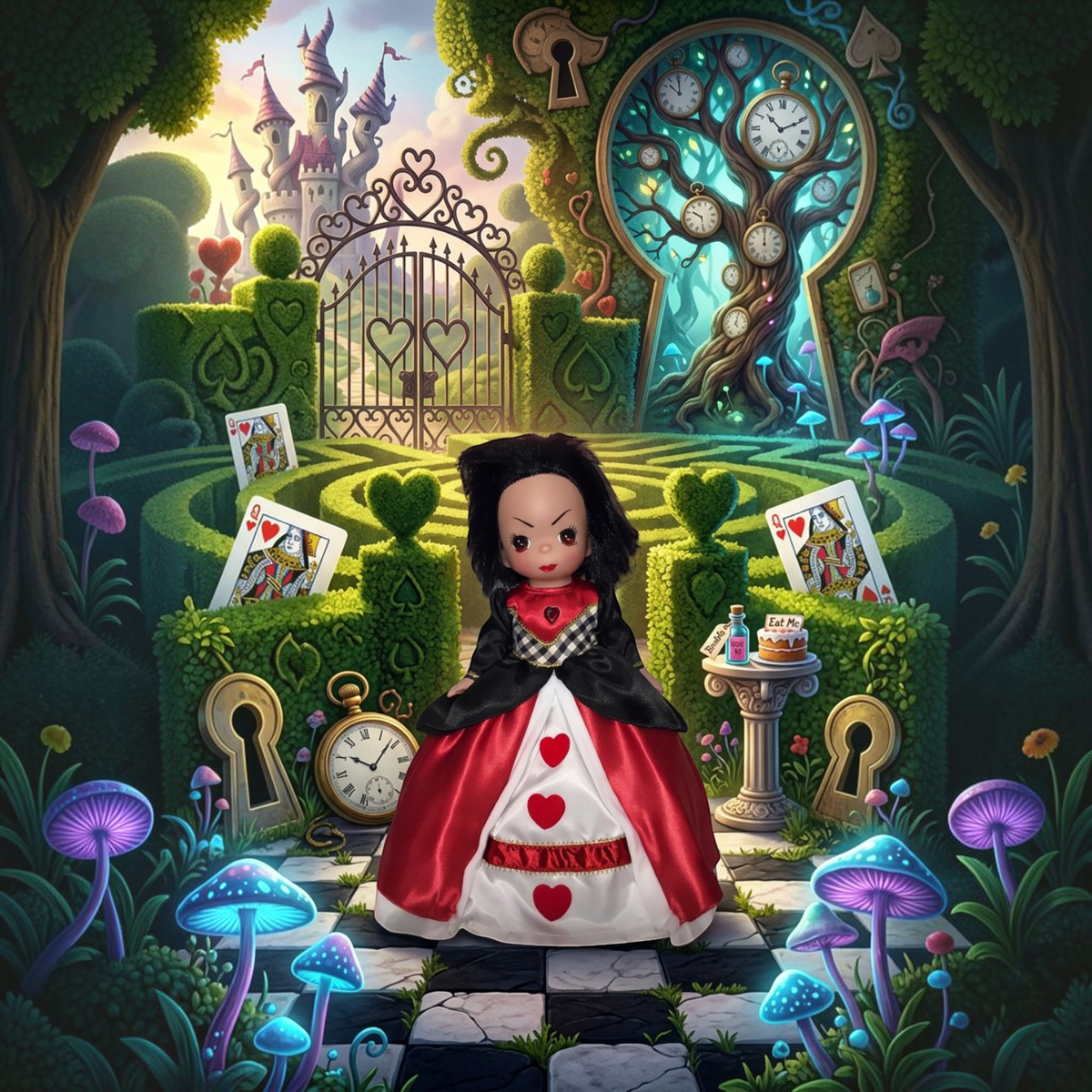 The Doll Maker Queen of Hearts doll with messy black hair, wearing a red, white, and black gown in Wonderland.