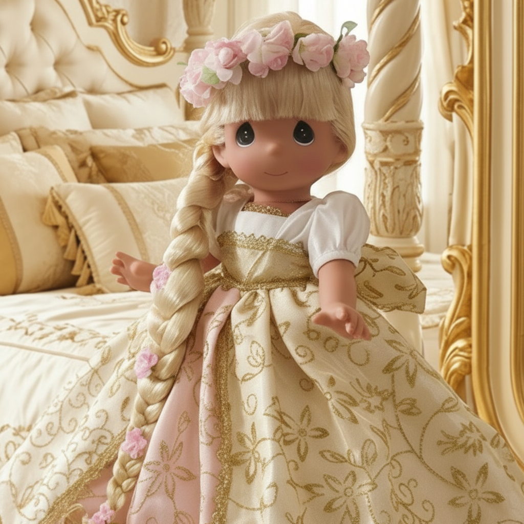 The Doll Maker 12-inch Rapunzel doll with long blonde braided hair, pink floral crown, and gold-patterned gown.