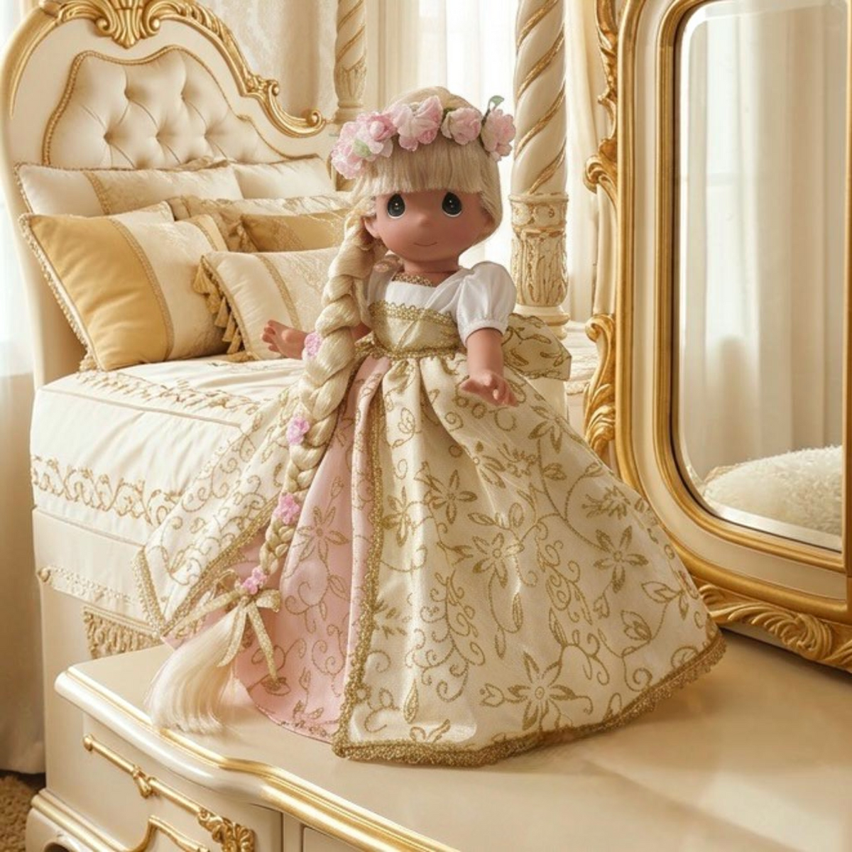 The Doll Maker Fairy Tales Come True Rapunzel 12-inch doll with long blonde braided hair and floral crown in gown.
