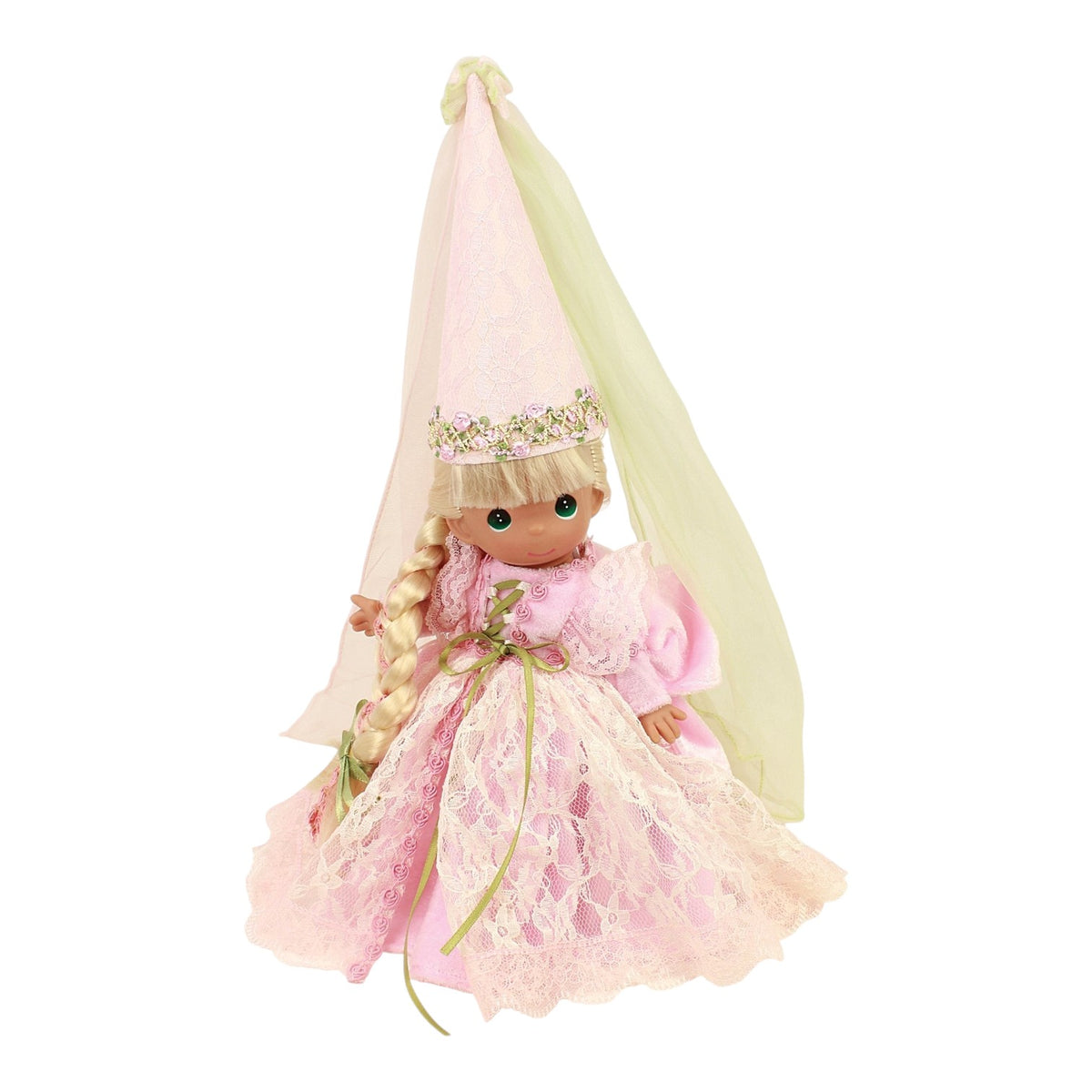 The Doll Maker 9-inch Enchanted Rapunzel vinyl doll wearing a pink lace princess gown and a tall matching cone hat.