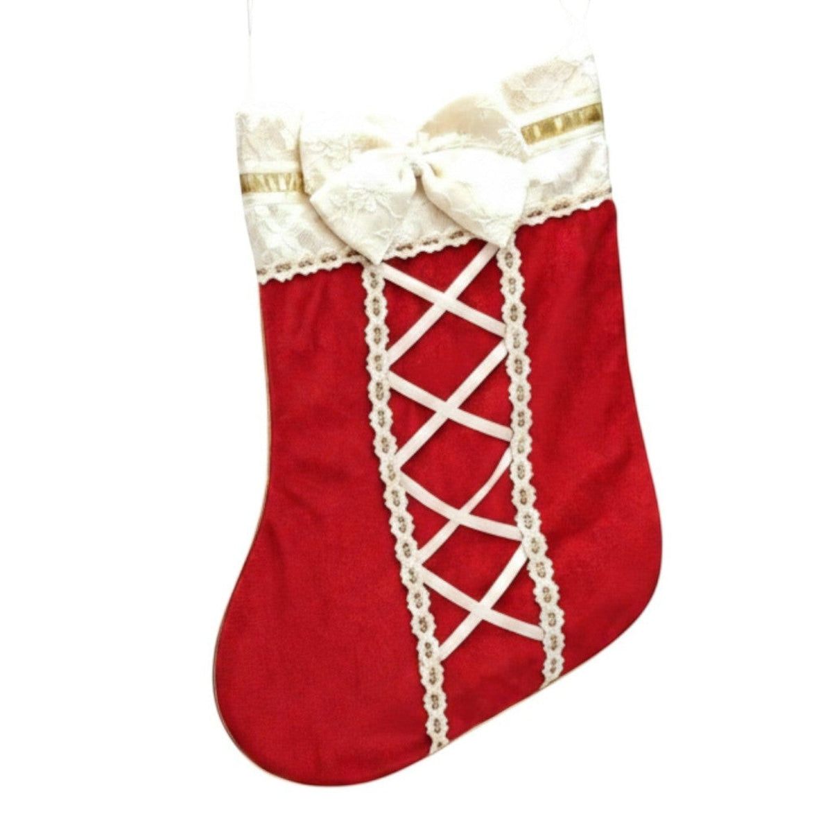 The Doll Maker Precious Moments 2026 red velvet Christmas stocking with white lace trim and a decorative ribbon bow.