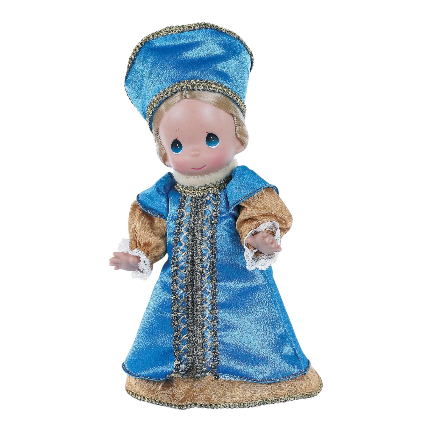 The Doll Maker 9-inch Rozalina vinyl doll wearing a traditional blue and gold Russian costume with a matching kokoshnik