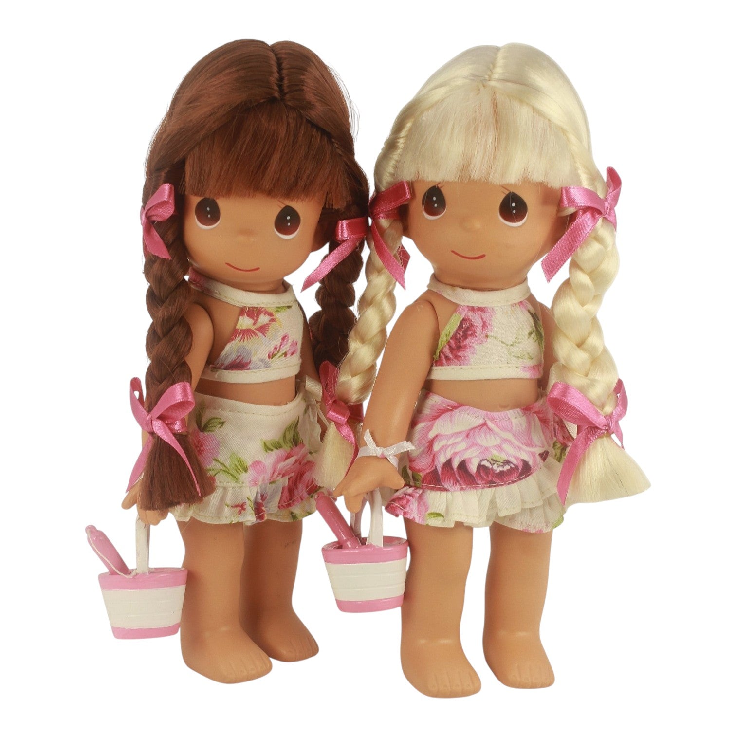 The Doll Maker Sand Castle Dreams 9 inch vinyl dolls with brunette and blonde braided hair in floral beach outfits