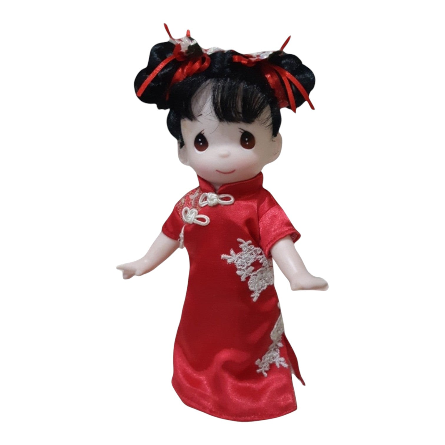 The Doll Maker 9-inch Shu doll from China wearing a red satin cheongsam dress with white floral embroidery