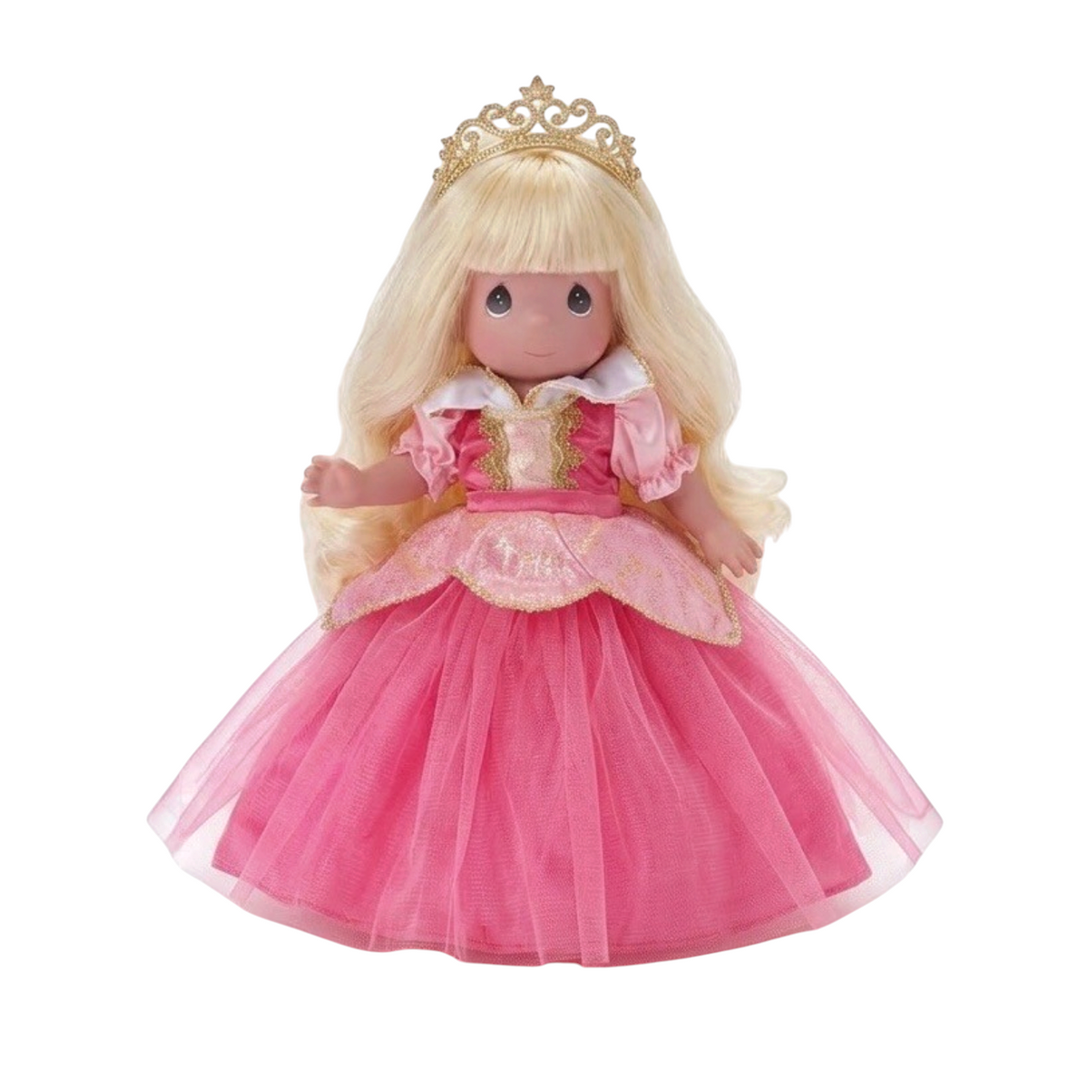 The Doll Maker Sleeping Beauty Elegance 12-inch collectible doll in a dark pink gown with a gold crown and blonde hair