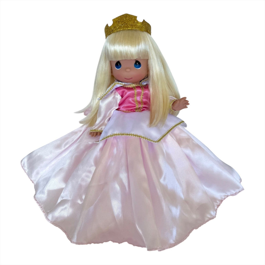 The Doll Maker 12-inch Sleeping Beauty doll with blonde hair, gold crown, and a satin pink and white princess dress.