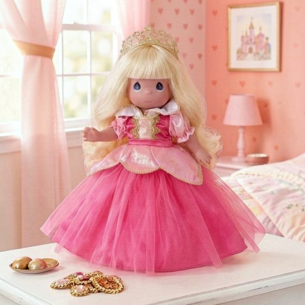 The Doll Maker Sleeping Beauty Elegance 12-inch collectible doll in a dark pink gown with a gold tiara and blonde hair