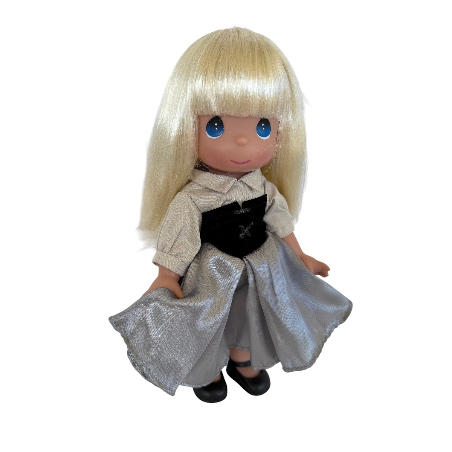 The Doll Maker 12-inch Sleeping Beauty peasant doll with blonde hair, blue eyes, and a grey and black dress.