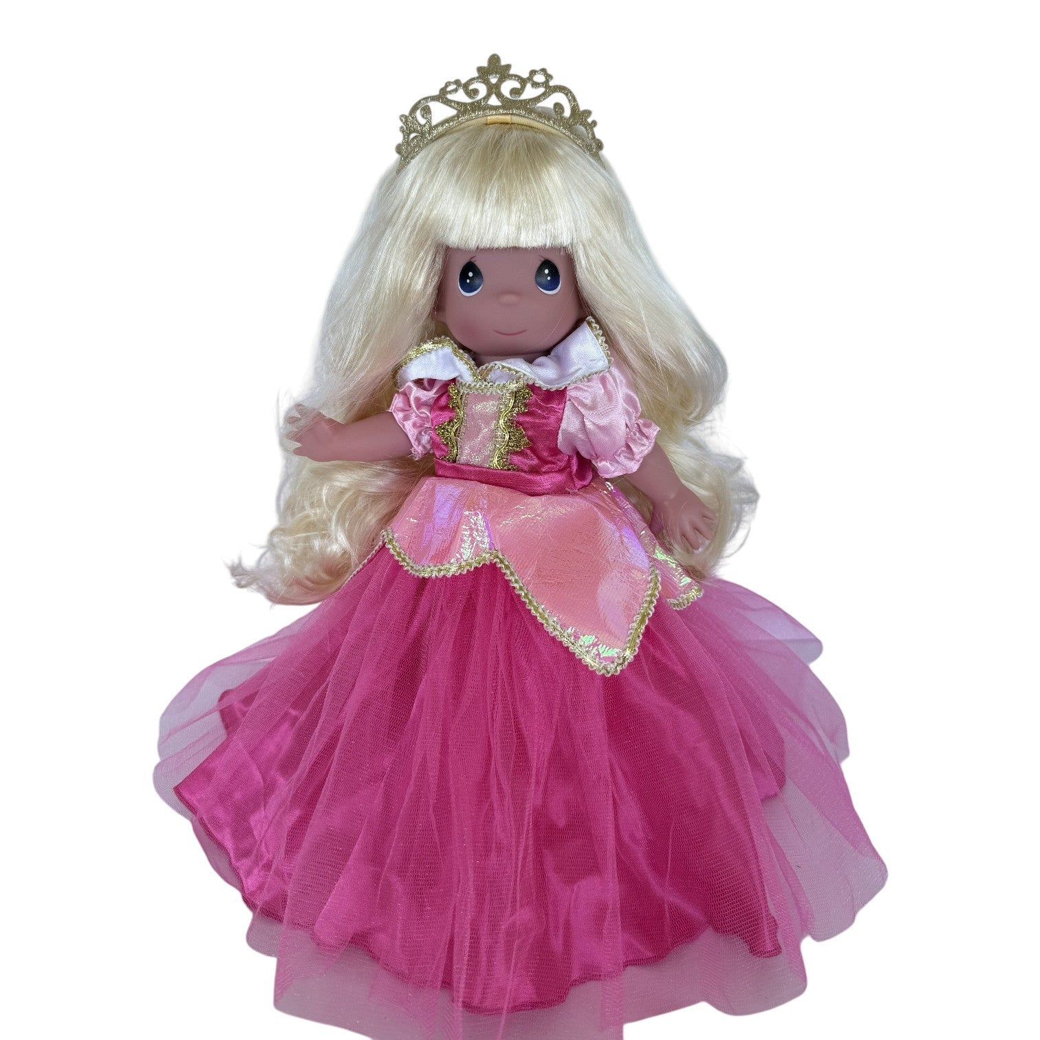 The Doll Maker 12-inch Sleeping Beauty doll with blonde hair, gold tiara, and a dark pink layered tulle ballgown.