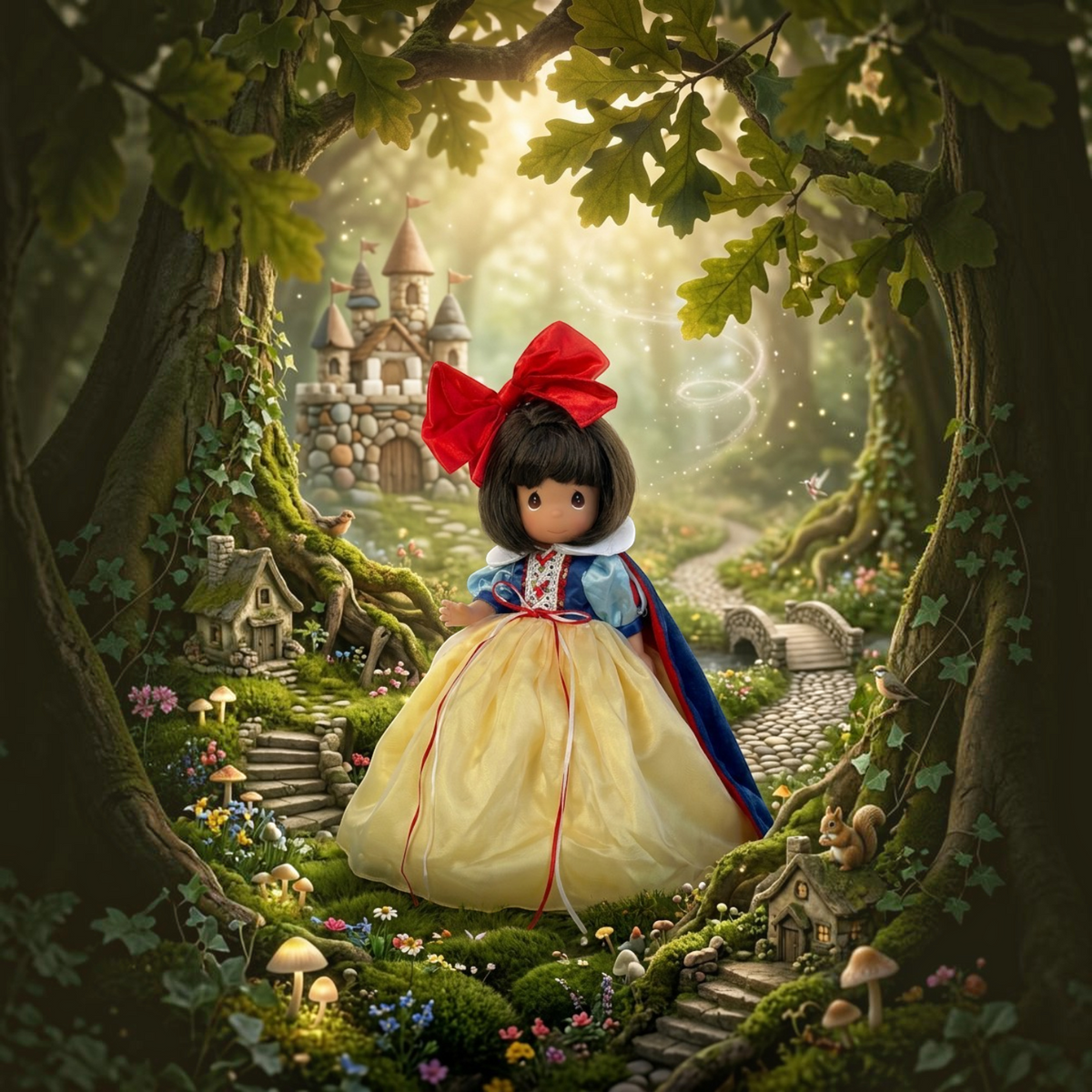 The Doll Maker 12-inch Snow White collectible doll in a yellow gown and red bow, set in a magical forest scene.