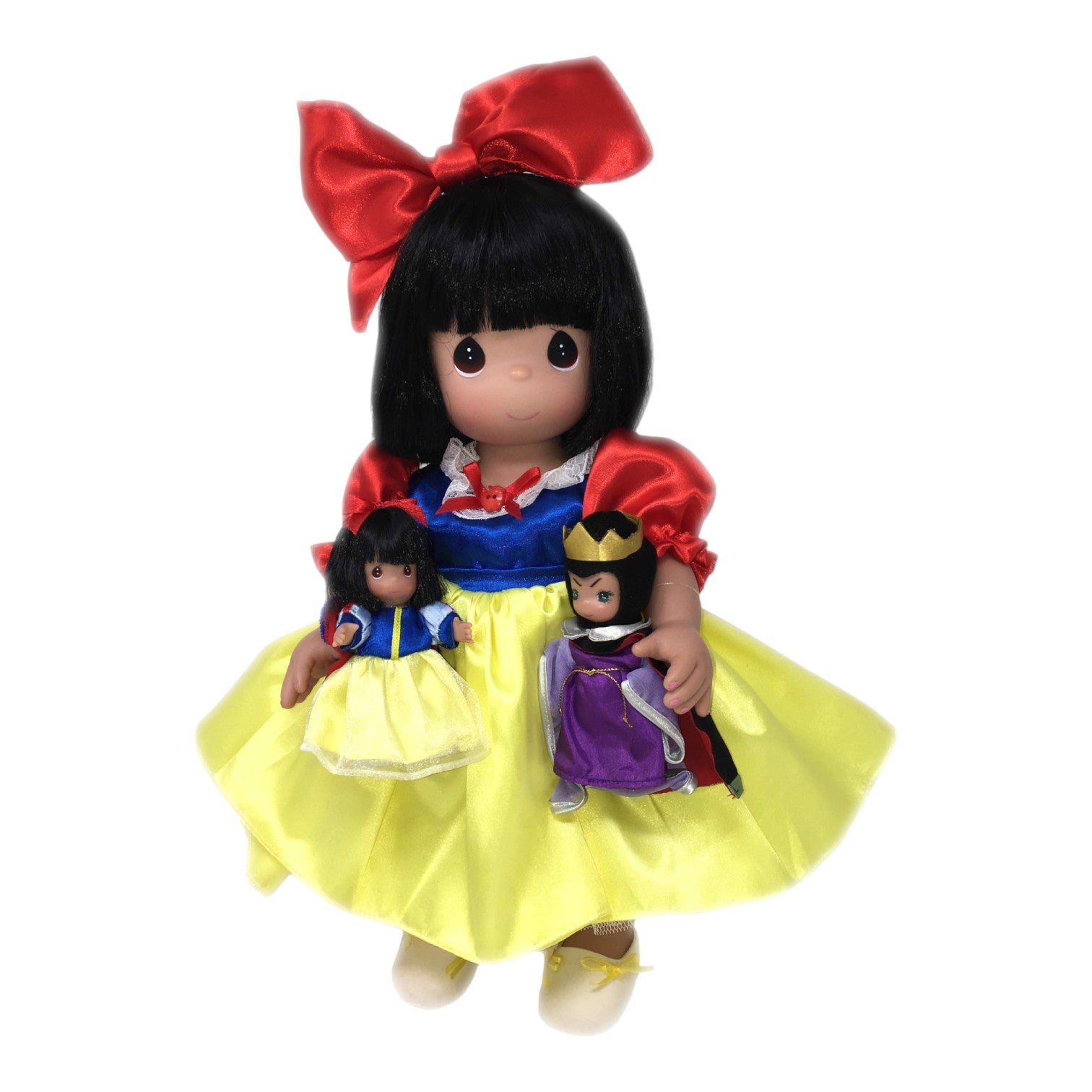The Doll Maker 16-inch Snow White limited edition doll with black hair, red bow, and two small character figurines.