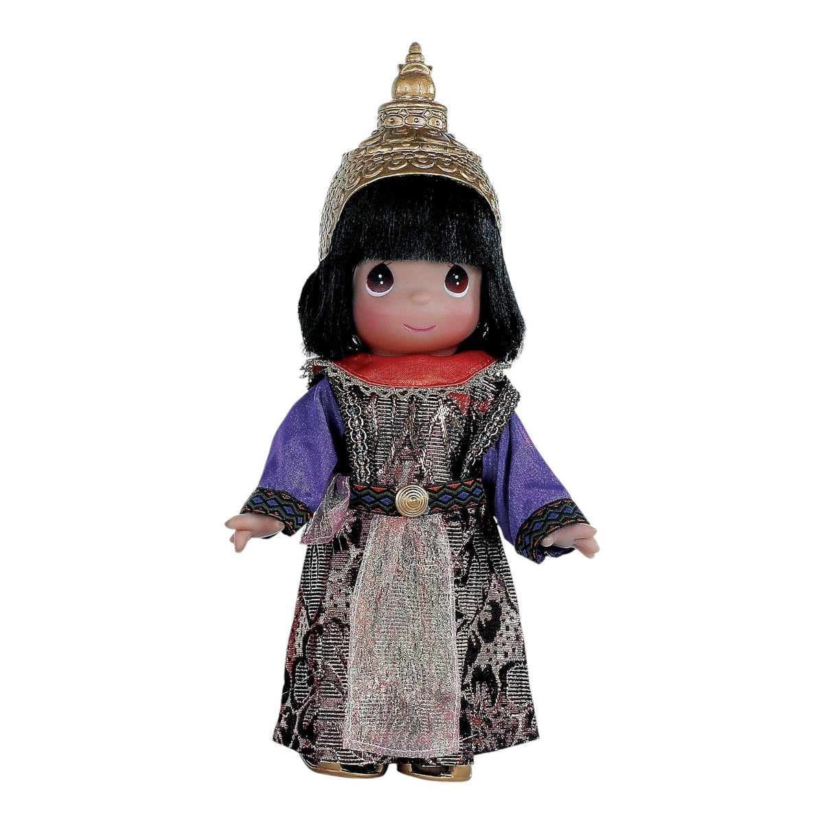 The Doll Maker 9 inch Sopa doll wearing a traditional Thai costume with a gold headpiece and purple accents.