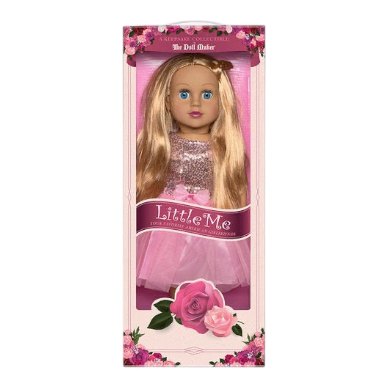 The Doll Maker 18-inch Sparkling Sweetheart doll with blonde hair in a pink sequin dress inside display packaging.