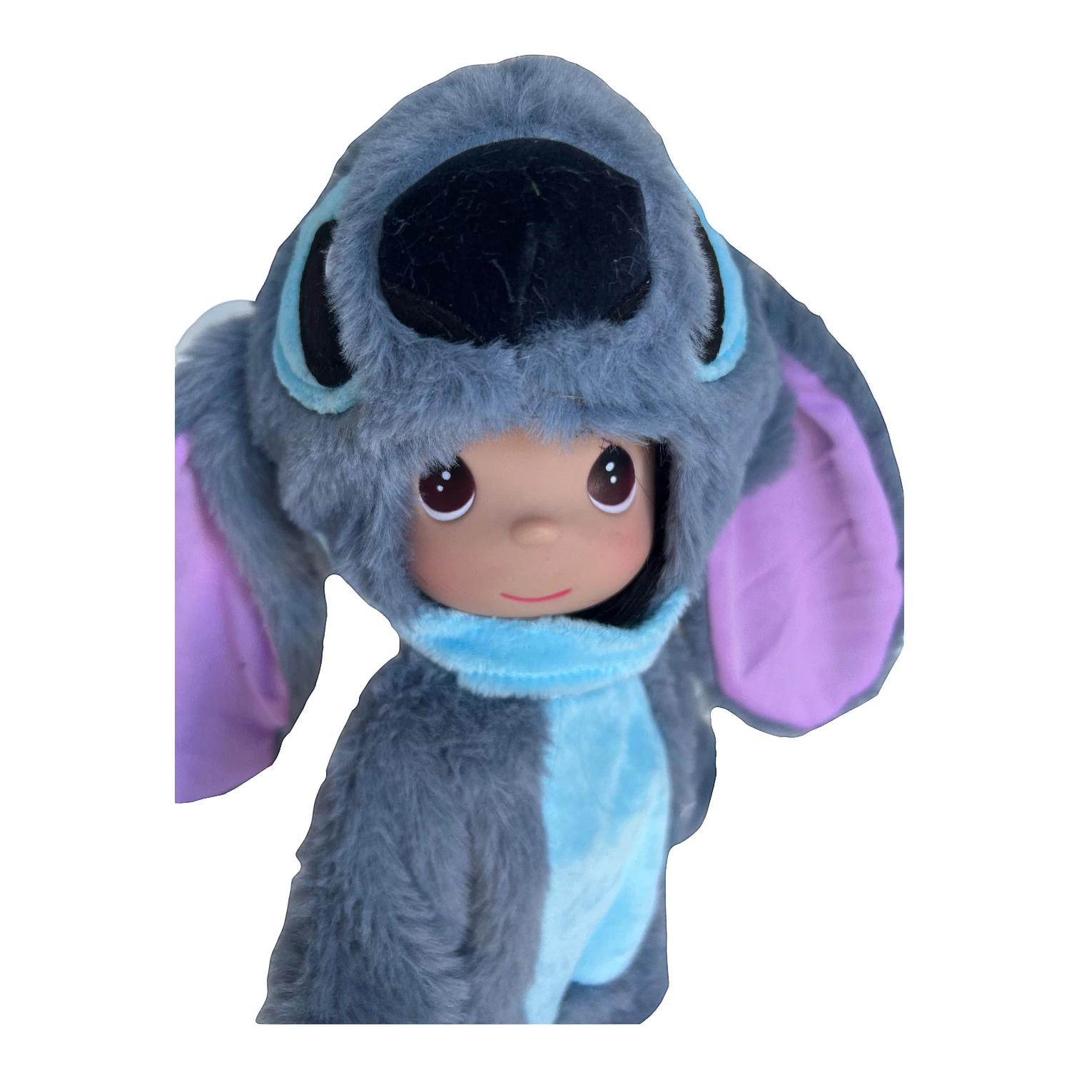 The Doll Maker 12-inch plush doll wearing a fuzzy grey Stitch costume with large purple-lined ears and blue accents.