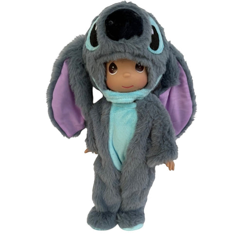 The Doll Maker 12-inch plush doll wearing a fuzzy grey and blue Stitch costume with large character ears.