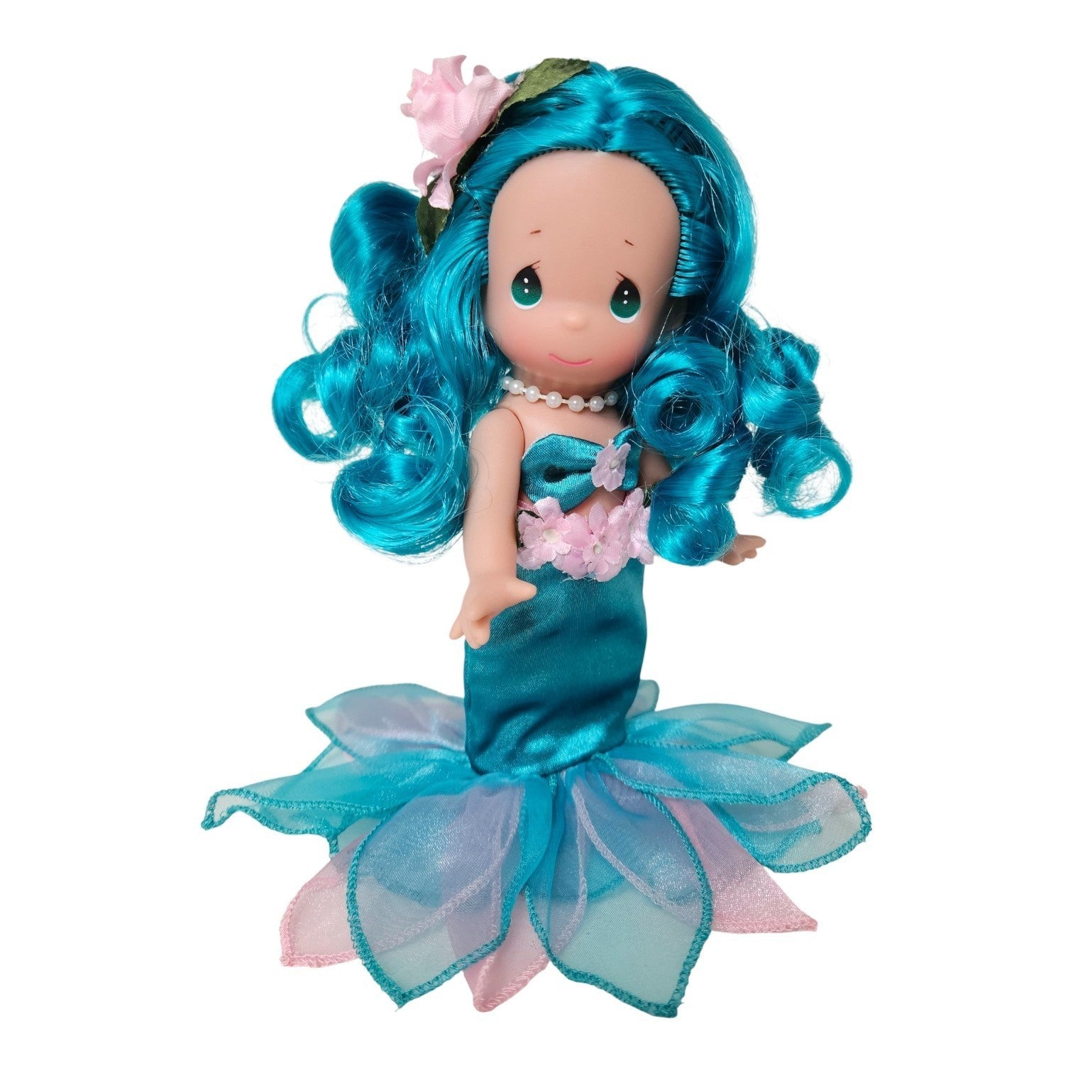 The Doll Maker 7-inch Mermaid Wishes & Starfish Kisses vinyl doll with teal curly hair and a floral tail.