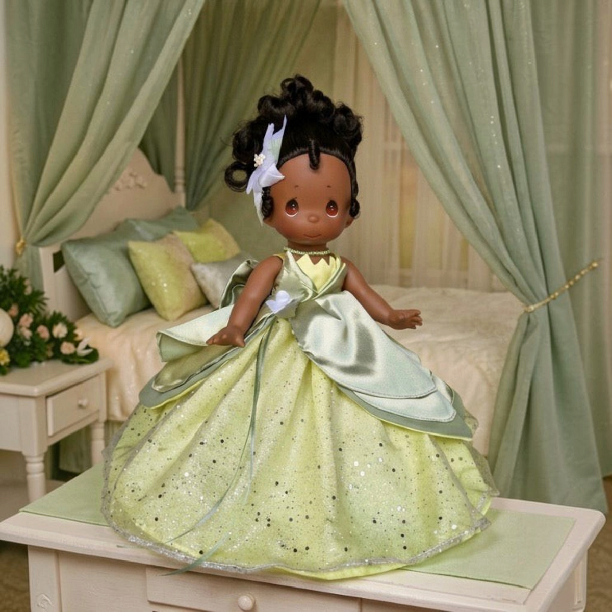 The Doll Maker 12-inch Tiana collectible doll wearing a sparkling green gown with white floral hair accessories.