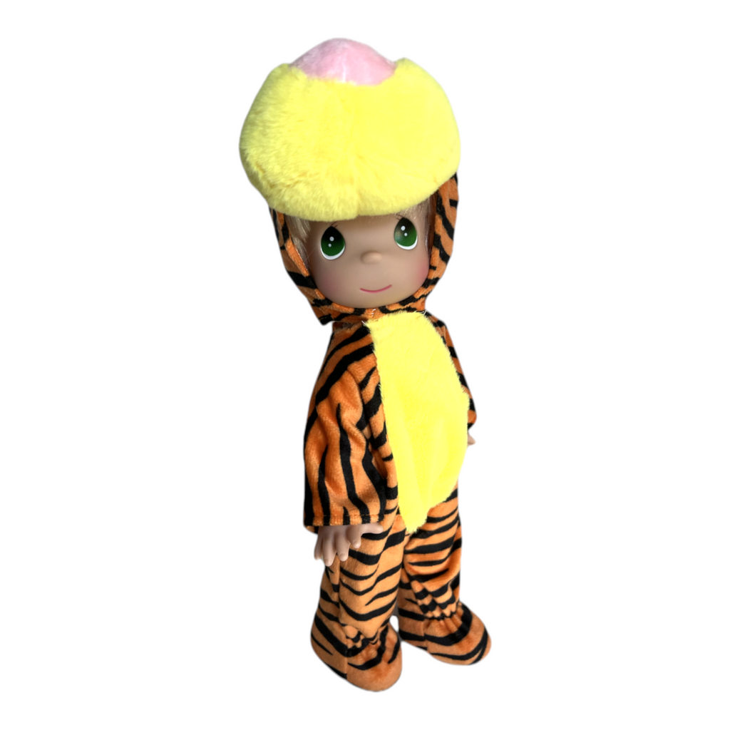 The Doll Maker 12-inch collectible doll wearing a plush orange and black Tigger costume with a yellow hood.