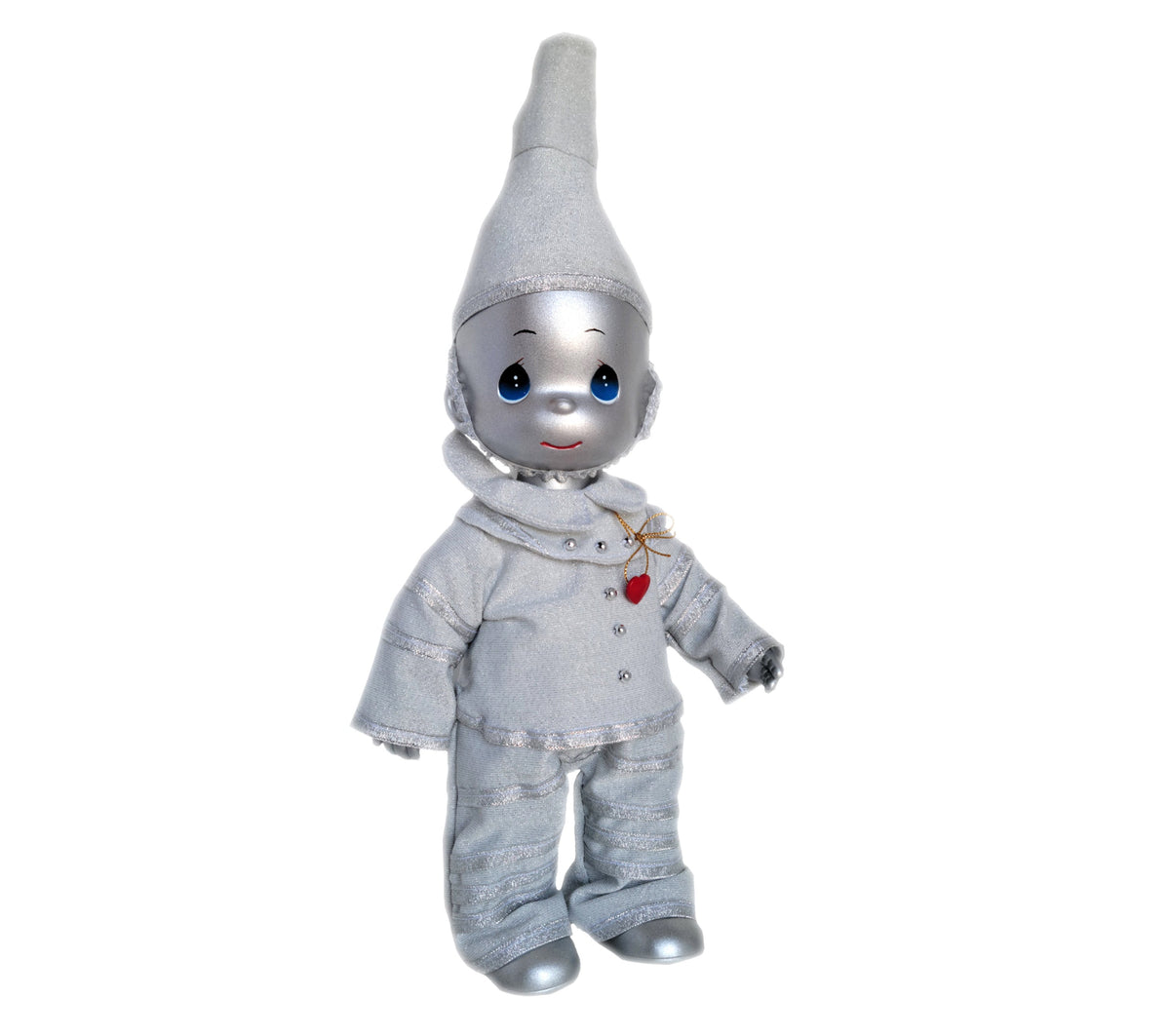 The Doll Maker 12-inch Tin Man vinyl doll from The Wizard of Oz with silver outfit and a small red heart charm.