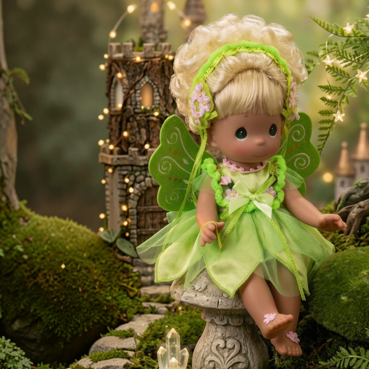 The Doll Maker 12-inch Tinker Bell collectible doll in a sparkling green dress with fairy wings in a forest setting.