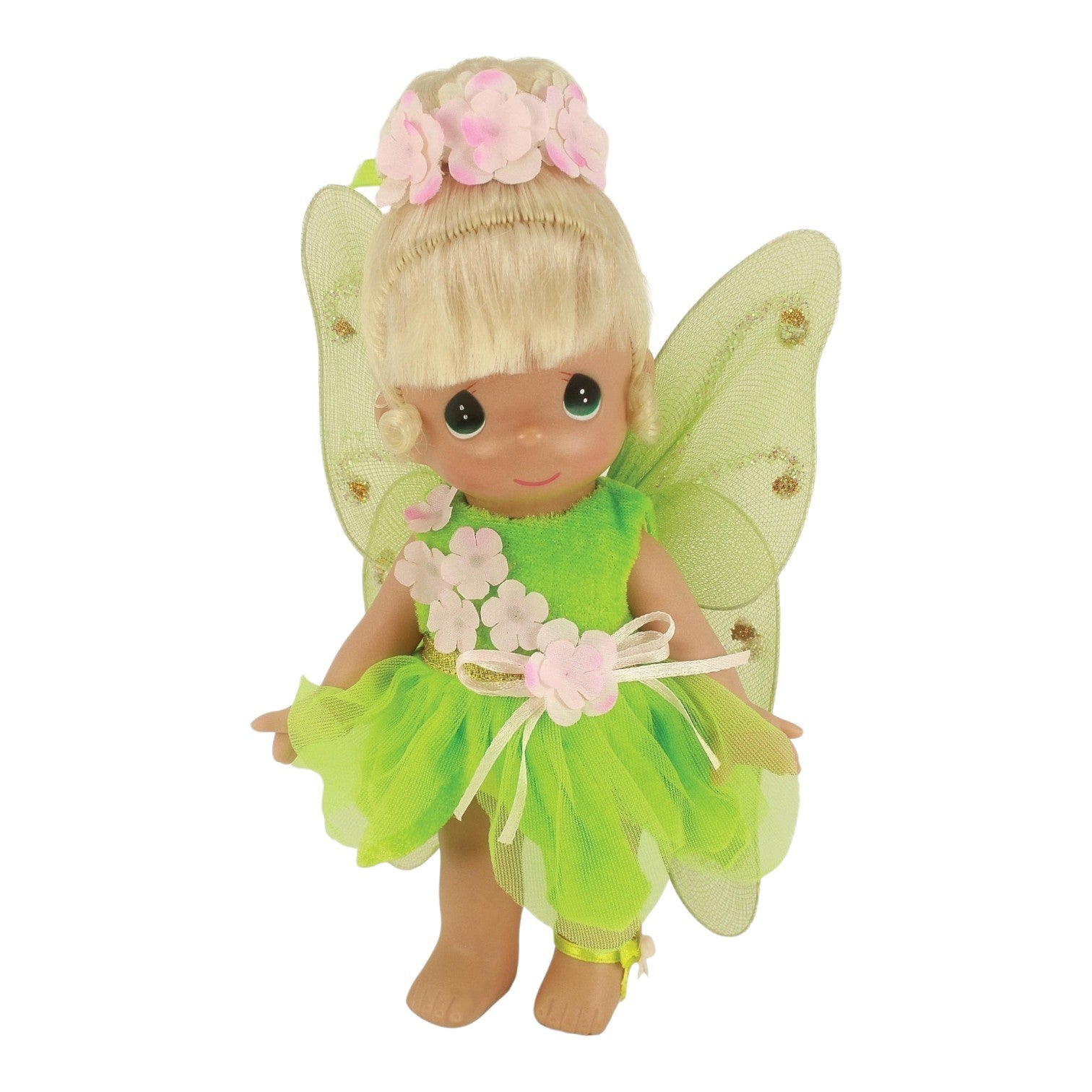 The Doll Maker 9 inch Enchanted Tinker Bell vinyl doll with blonde hair, green fairy dress, and glittery wings.