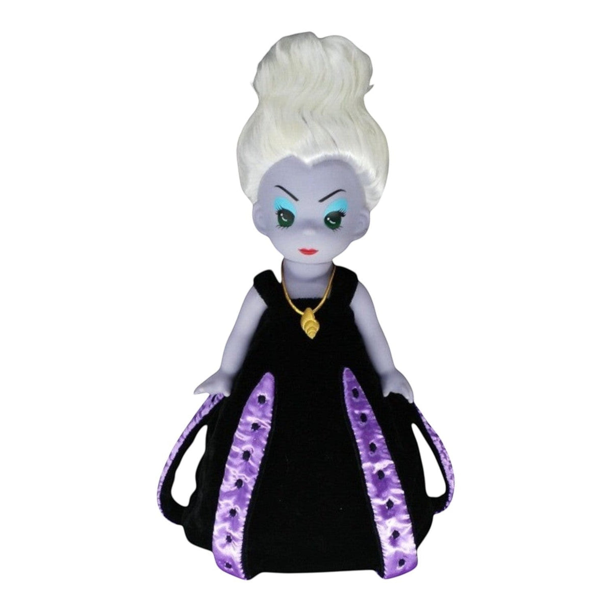The Doll Maker 12-inch Ursula sea witch doll with white hair, purple skin, and a black velvet dress with purple trim.