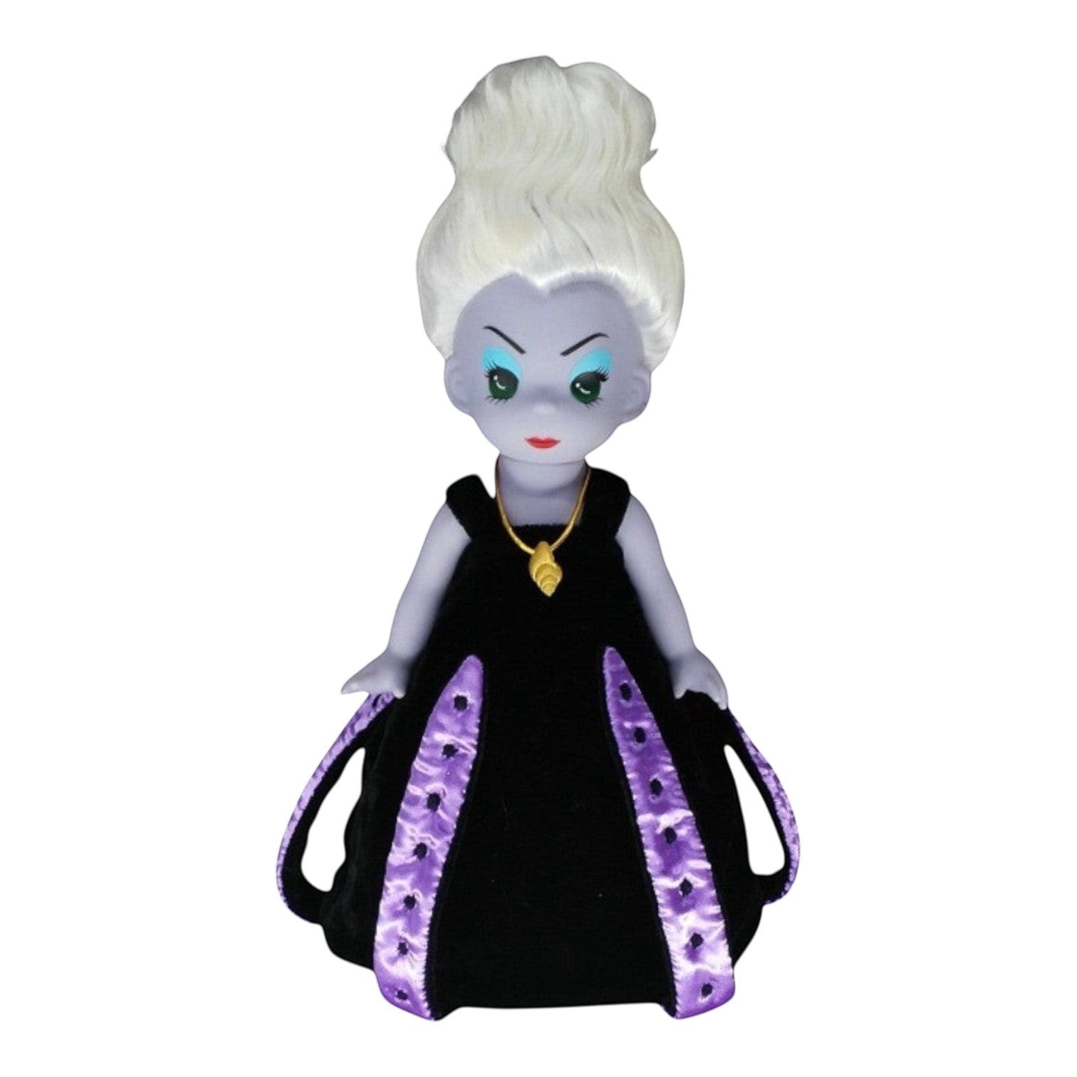The Doll Maker 12-inch Ursula sea witch doll with white hair, purple skin, and a black velvet dress with purple trim.