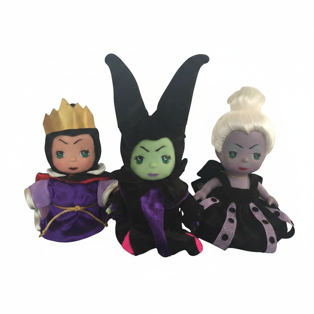 The Doll Maker 5-inch collectible villain dolls featuring Evil Queen, Maleficent, and Ursula in detailed outfits.