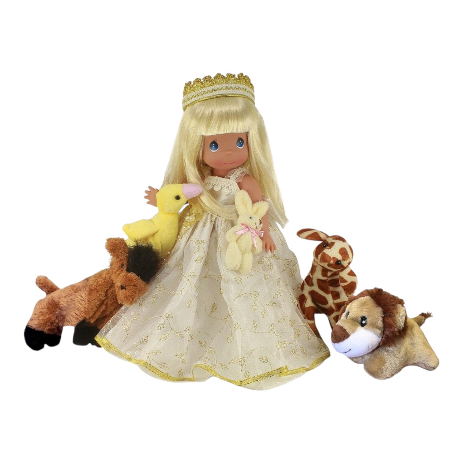 The Doll Maker A Small Child Shall Lead Them vinyl doll wearing a gold crown and white dress with animal plush toys