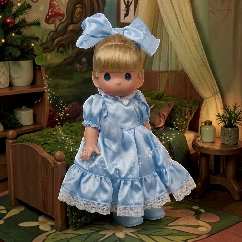 The Doll Maker Wendy Darling 12-inch collectible doll in a blue satin dress with a matching hair bow in a bedroom.