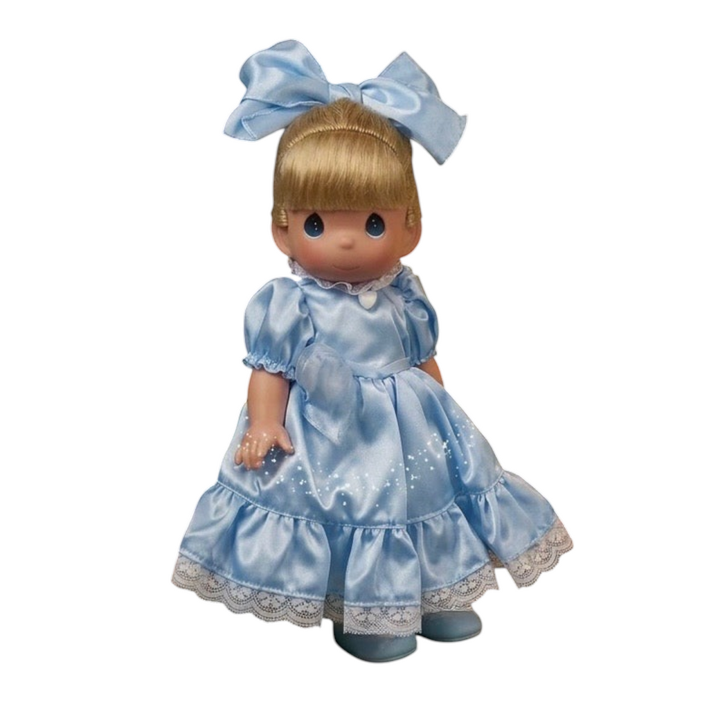 The Doll Maker Wendy Darling 12-inch collectible doll wearing a blue satin dress with lace trim and a matching bow.