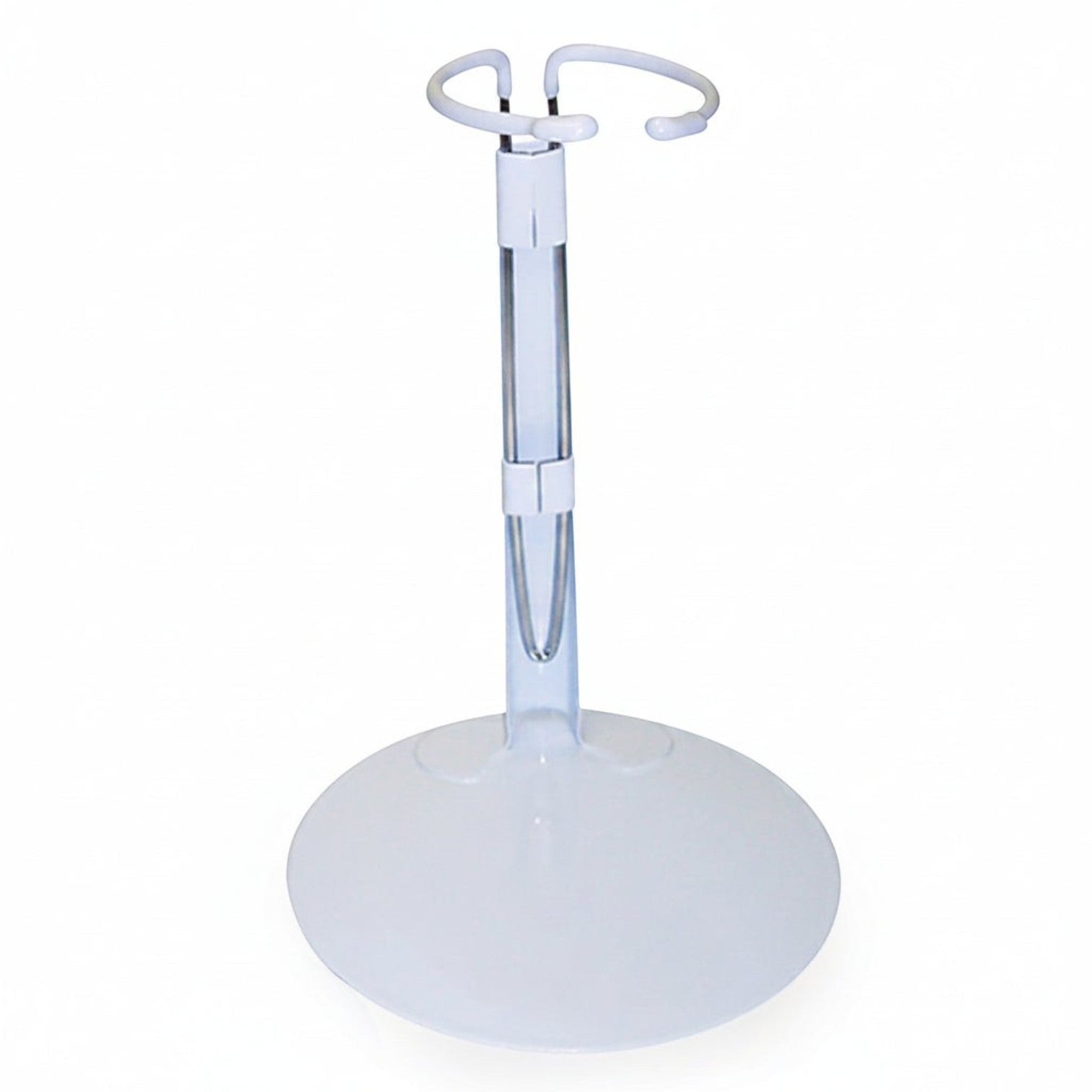 The Doll Maker white plastic doll stand for 12 inch dolls with protective coated grippers for waist display