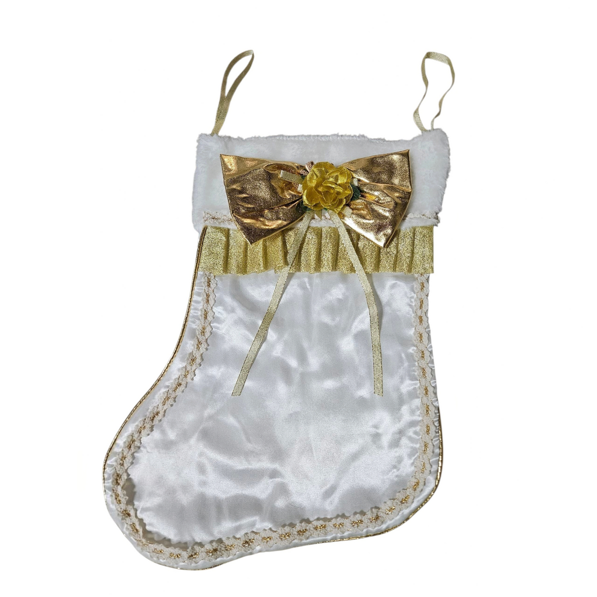 The Doll Maker 2025 annual Christmas stocking in white satin with gold metallic bow and faux fur trim