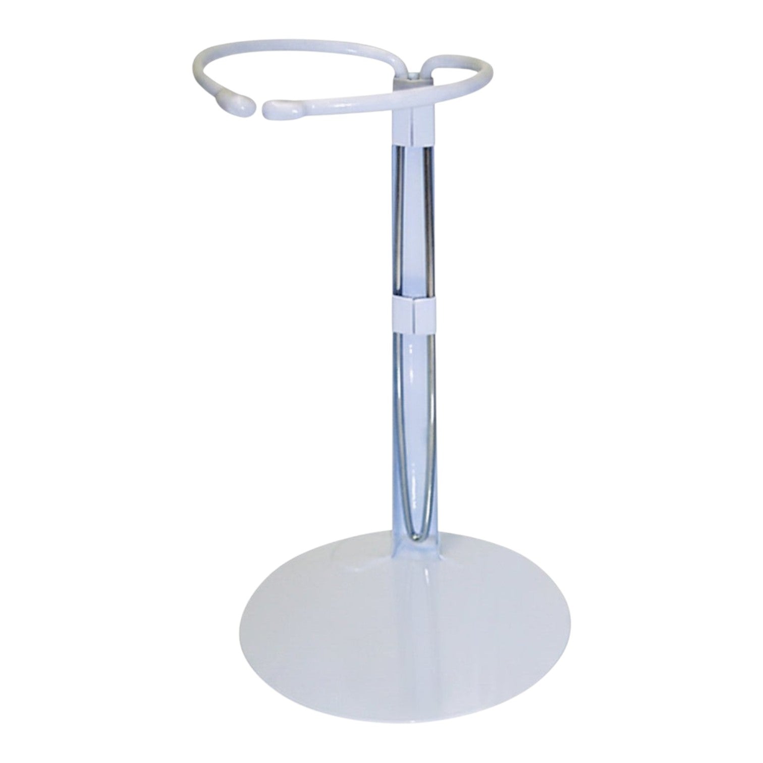 The Doll Maker white metal doll stand with plastic-coated grippers for 16-inch dolls, designed for waist support.
