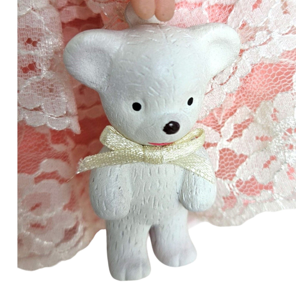The Doll Maker Storybook Collection white miniature teddy bear accessory with a cream ribbon bow