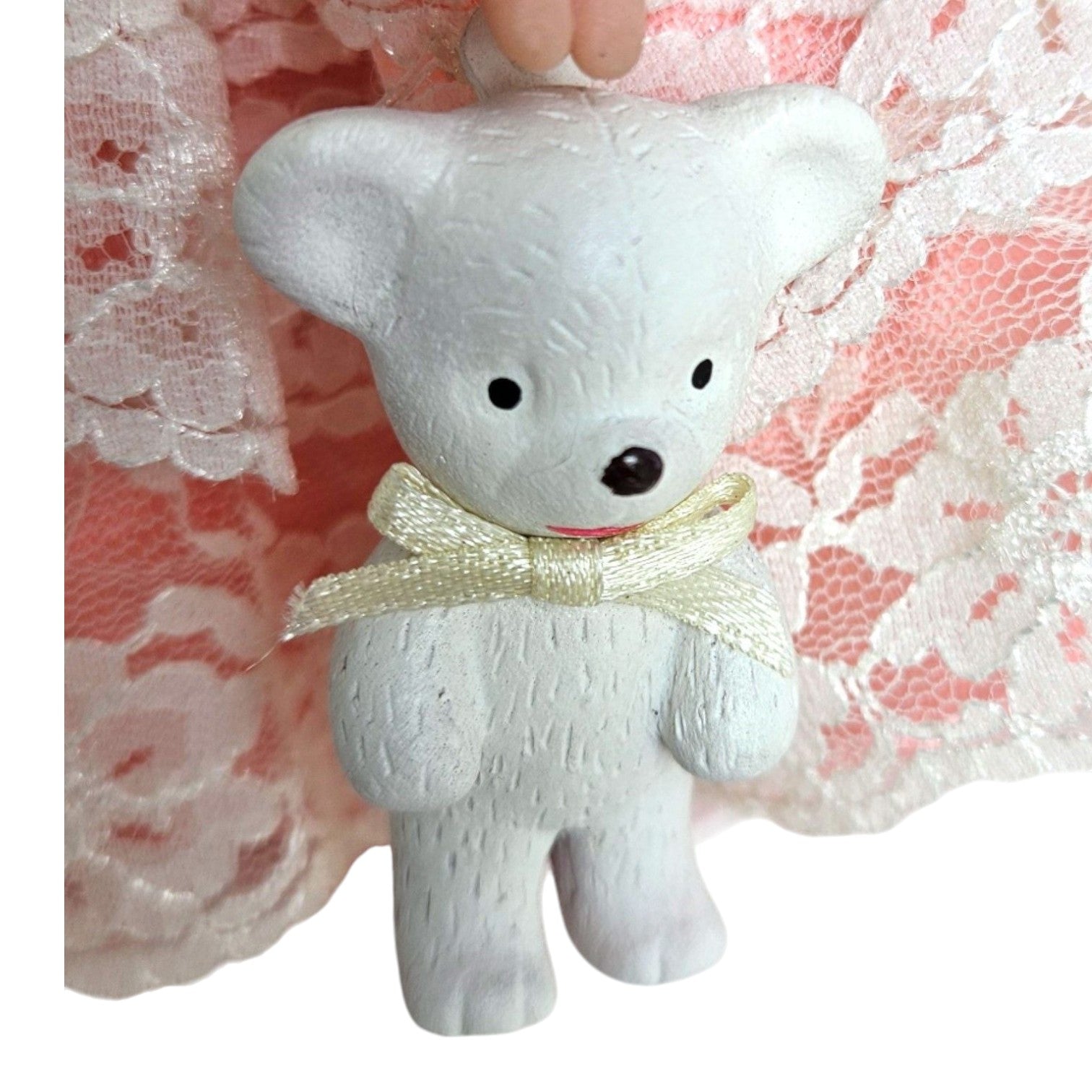 The Doll Maker Storybook Collection white miniature teddy bear accessory with a cream ribbon bow