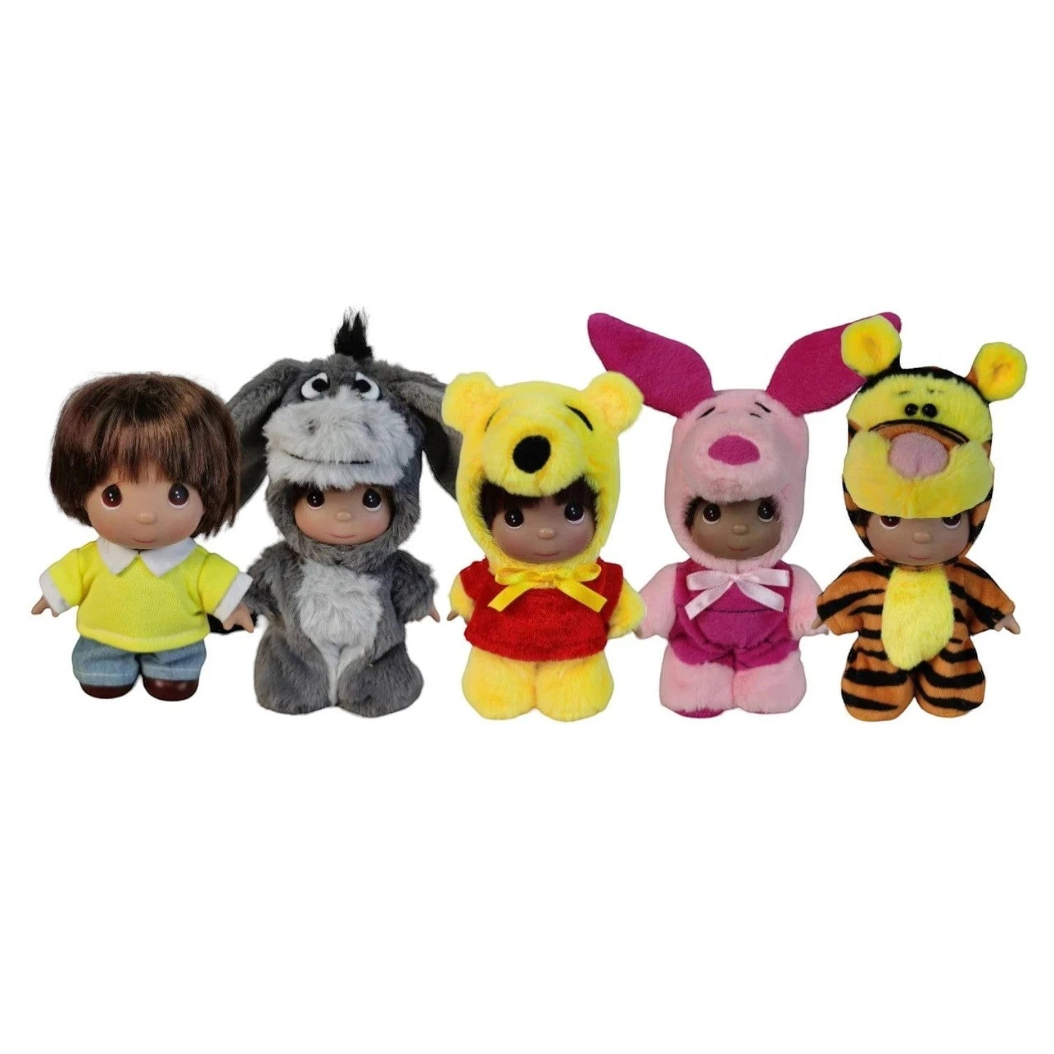 The Doll Maker Winnie the Pooh 5-inch mini doll set featuring Christopher Robin, Eeyore, Pooh, Piglet, and Tigger.