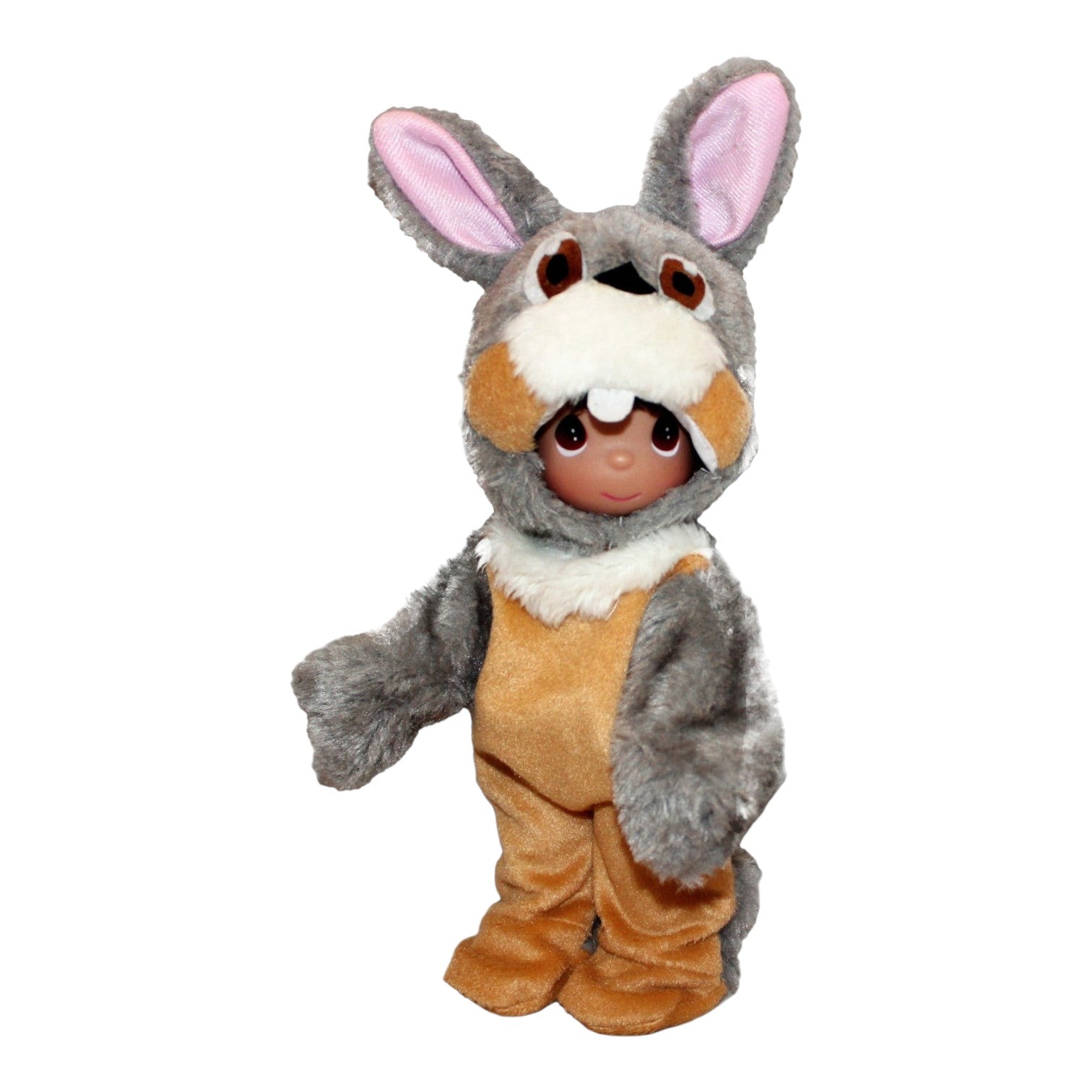 The Doll Maker 9-inch Woodland Honey Bunny doll wearing a grey and tan plush rabbit costume with pink-lined ears.