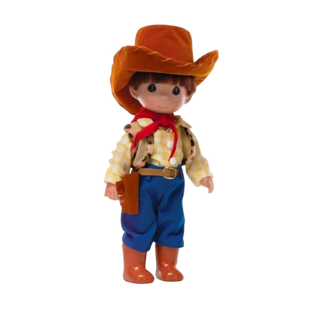The Doll Maker 12-inch Woody doll from Toy Story wearing a yellow plaid shirt, blue pants, and a brown cowboy hat.