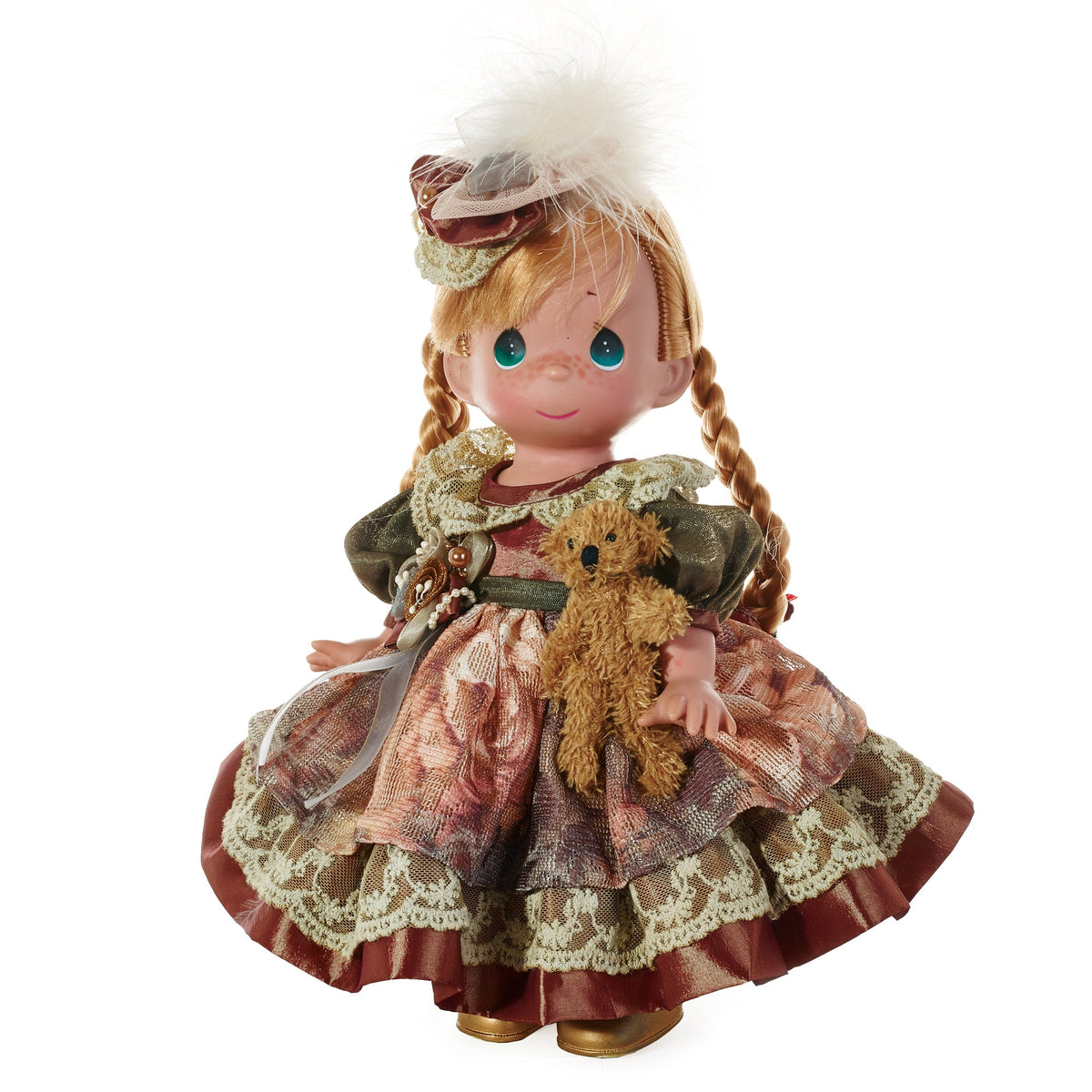 The Doll Maker You Are My Treasure 12 inch vinyl doll with braided hair, lace dress, and a small teddy bear