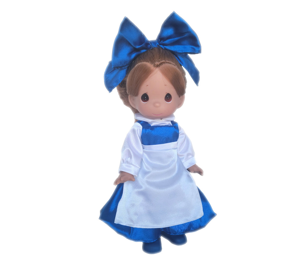 The Doll Maker's 12" Belle doll in a blue satin dress with white apron and large blue bow.
