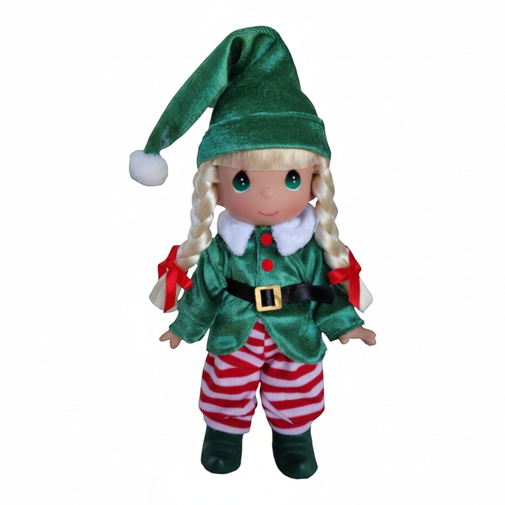 The Doll Maker's 9-inch blonde elf doll wears a green velvet tunic, red and white striped pants, and a matching hat with a white pompom.